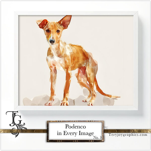 Podenco images in a variety of artistic techniques, from the 'Podenco in Every Image No. 3' digital art series.
