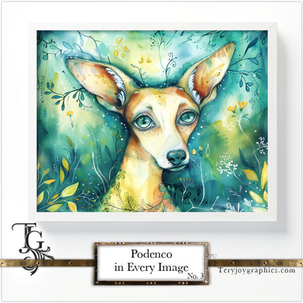Podenco images in a variety of artistic techniques, from the 'Podenco in Every Image No. 3' digital art series.