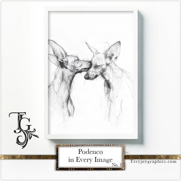 Podenco images in a variety of artistic techniques, from the 'Podenco in Every Image No. 3' digital art series.
