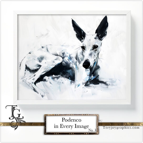 Podenco images in a variety of artistic techniques, from the 'Podenco in Every Image No. 3' digital art series.