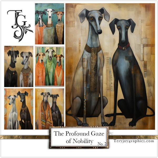 A series of greyhound images with a deep gaze and noble demeanor, adorned with golden details and colorful accents, created in digital art.