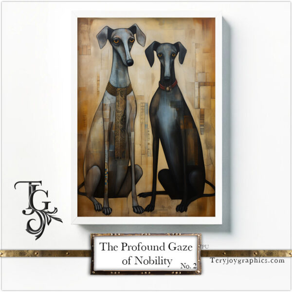 A series of greyhound images with a deep gaze and noble demeanor, adorned with golden details and colorful accents, created in digital art.