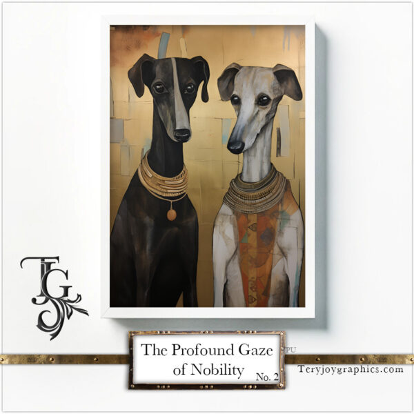 A series of greyhound images with a deep gaze and noble demeanor, adorned with golden details and colorful accents, created in digital art.