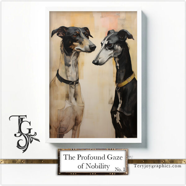 A series of greyhound images with a deep gaze and noble demeanor, adorned with golden details and colorful accents, created in digital art.