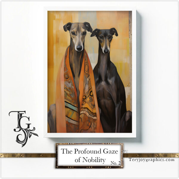 A series of greyhound images with a deep gaze and noble demeanor, adorned with golden details and colorful accents, created in digital art.