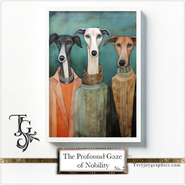 A series of greyhound images with a deep gaze and noble demeanor, adorned with golden details and colorful accents, created in digital art.