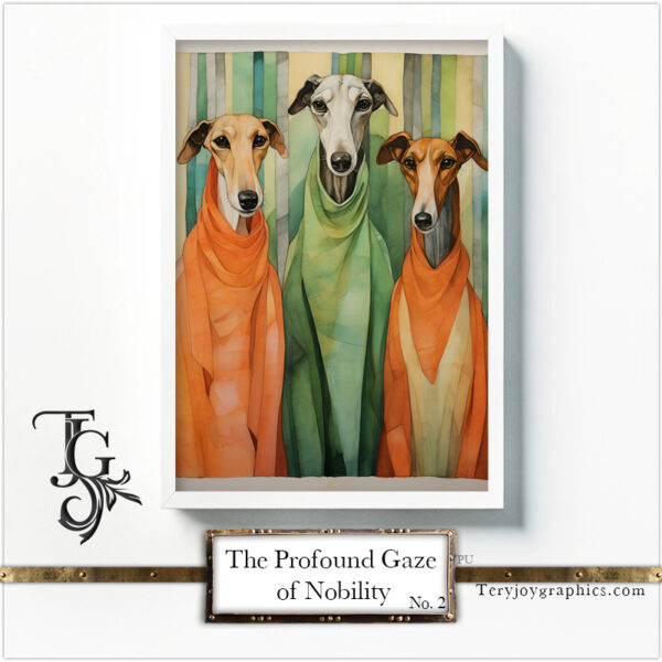 A series of greyhound images with a deep gaze and noble demeanor, adorned with golden details and colorful accents, created in digital art.