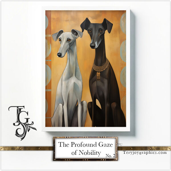 A series of greyhound images with a deep gaze and noble demeanor, adorned with golden details and colorful accents, created in digital art.