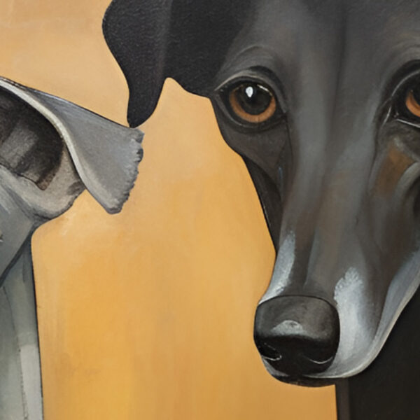A series of greyhound images with a deep gaze and noble demeanor, adorned with golden details and colorful accents, created in digital art.