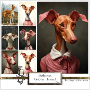 Podenco in various poses and color shades displayed using digital techniques and traditional brushwork.