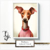 Podenco in various poses and color shades displayed using digital techniques and traditional brushwork.