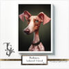 Podenco in various poses and color shades displayed using digital techniques and traditional brushwork.