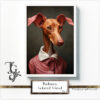 Podenco in various poses and color shades displayed using digital techniques and traditional brushwork.