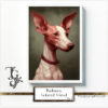 Podenco in various poses and color shades displayed using digital techniques and traditional brushwork.