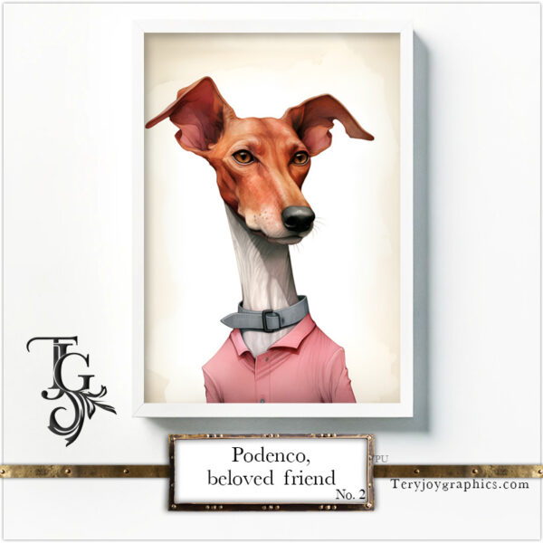 Portraits of a Podenco in pastel colors with a bow tie, from the "Podenco, Beloved Friend No. 02" series by TJG.