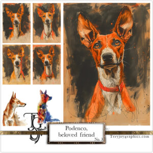 Podenco in a dynamic portrait with orange and black coloring in the TJG series.