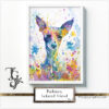 Colorful watercolor portrait of a Podenco with flowers in the 'Podenco, Beloved Friend No. 05' series.