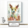 Colorful watercolor portrait of a Podenco with flowers in the 'Podenco, Beloved Friend No. 05' series.