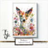 Colorful watercolor portrait of a Podenco with flowers in the 'Podenco, Beloved Friend No. 05' series.