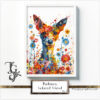 Colorful watercolor portrait of a Podenco with flowers in the 'Podenco, Beloved Friend No. 05' series.