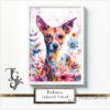 Colorful watercolor portrait of a Podenco with flowers in the 'Podenco, Beloved Friend No. 05' series.