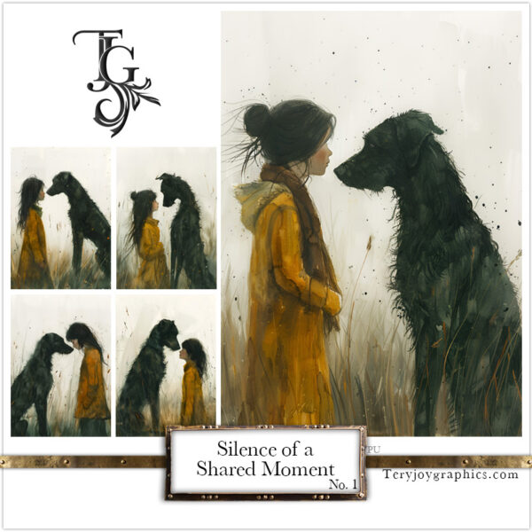 A moment of silence and sharing between a human and a greyhound, expressed in watercolor and ink in the "Silence of a Shared Moment No.1" series.