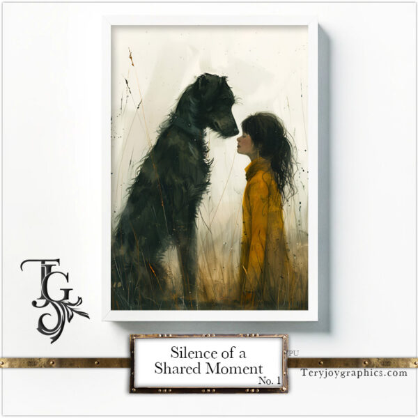 A moment of silence and sharing between a human and a greyhound, expressed in watercolor and ink in the "Silence of a Shared Moment No.1" series.