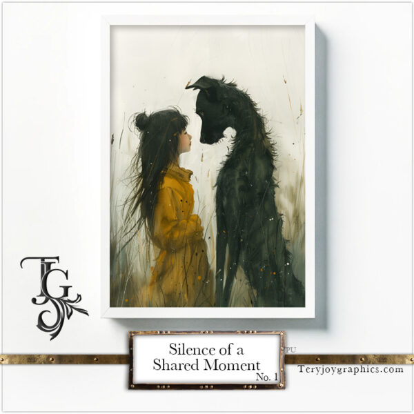 A moment of silence and sharing between a human and a greyhound, expressed in watercolor and ink in the "Silence of a Shared Moment No.1" series.