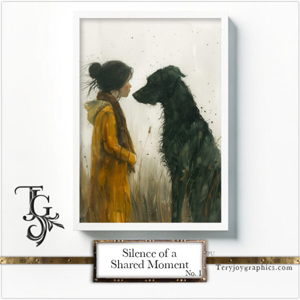 A moment of silence and sharing between a human and a greyhound, expressed in watercolor and ink in the "Silence of a Shared Moment No.1" series.