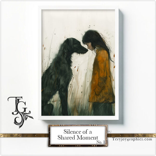 A moment of silence and sharing between a human and a greyhound, expressed in watercolor and ink in the "Silence of a Shared Moment No.1" series.