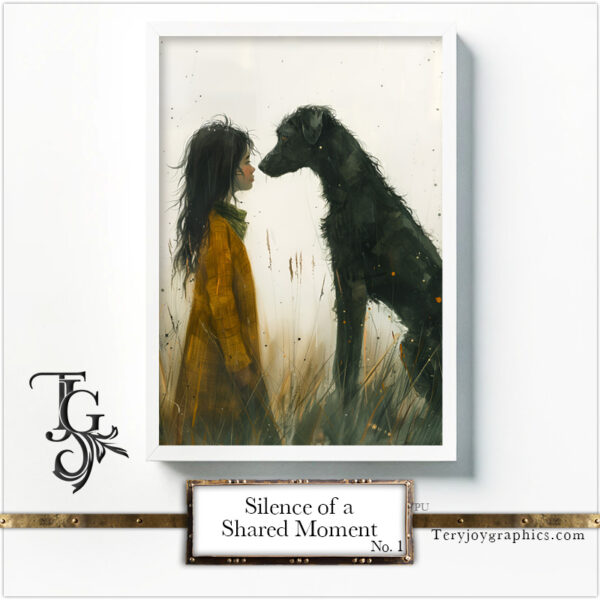 A moment of silence and sharing between a human and a greyhound, expressed in watercolor and ink in the "Silence of a Shared Moment No.1" series.