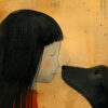 A moment of silence and sharing between a human and a greyhound, expressed in watercolor and ink in the "Silence of a Shared Moment No.1" series.
